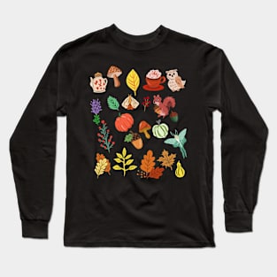 Fall Autumn Pattern Pumpkin, Mushroom, Leaves, Moths, Acorns Long Sleeve T-Shirt